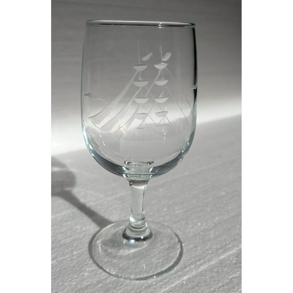 PAIR JAVIT Clipper Collection Etched Glass Sail Ship‎ Wine Glass 10 oz VTG 6.5